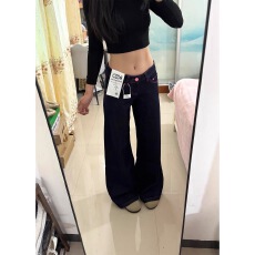 批发美式复古深蓝色低腰阔腿<b class='q'>牛仔</b>裤女2026新款宽松显瘦直筒拖地裤子