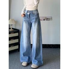 美式复古浅色阔腿牛仔裤女2026春季新款宽松显瘦垂感直筒拖地裤子