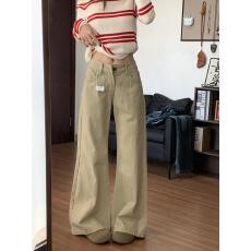 批发卡其色高腰微喇牛仔裤女2026春季新款显瘦垂感拖地不贴腿喇叭裤子