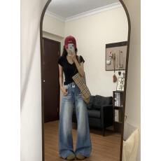 批发水洗蓝色阔腿牛仔裤女2026年夏季<b class='q'>高腰</b>宽松直筒拖地裤复古设计感