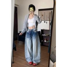 批发美式浅蓝色弯刀牛仔裤女2026<b class='q'>夏</b>季新款低腰宽松显瘦阔腿拖地镰刀裤