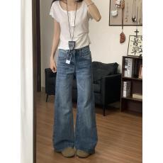 批发小个子美式复古水洗微喇<b class='q'>牛仔裤</b>女竹节纹低腰宽松显瘦阔腿喇叭长裤
