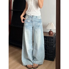 批发小个子美式复古浅色做旧阔腿<b class='q'>牛仔裤</b>女夏季2026新款高腰宽松直筒裤