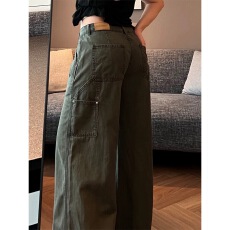 军绿色宽松阔腿牛仔裤女夏季新款美式复古高腰显瘦垂感百搭工装裤