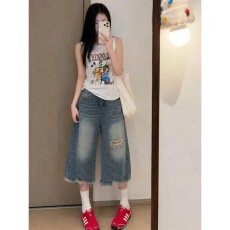 批发美式复古做旧毛边破洞七分牛仔裤<b class='q'>女</b>夏季高腰宽松阔腿中裤7分<b class='q'>短裤</b>