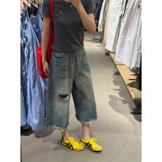 批发美式复古做旧破洞七分牛仔裤<b class='q'>女</b>夏季高腰宽松直筒阔腿中裤七分短裤
