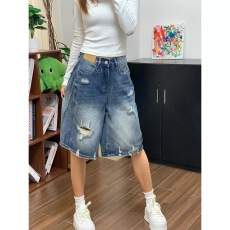 批发美式复古破洞做旧牛仔裤中裤女2026夏季新款<b class='q'>高腰</b>显瘦阔腿裤五分裤