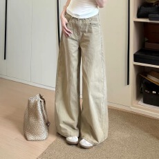 批发小个子高腰卡其色阔腿牛仔裤女<b class='q'>夏</b>季2026新款宽松休闲垂感拖地长裤