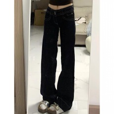 批发小个子美式复古双腰扣不贴腿微喇牛仔<b class='q'>裤</b>女小众显瘦<b class='q'>百搭</b>低腰直筒<b class='q'>裤</b>