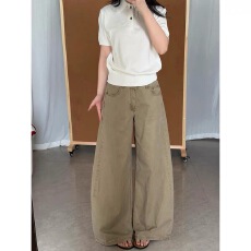 批发小个子美式卡其色<b class='q'>高腰</b>阔腿牛仔裤女秋季新款显瘦宽松垂感拖地裤