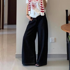 批发小个子深蓝色复古水洗牛仔裤宽松阔腿裤女秋季<b class='q'>高腰</b>显瘦直筒拖地裤
