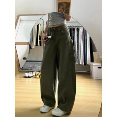 批发小个子美式复古军绿色工装弯刀<b class='q'>牛仔裤</b>女秋冬新款高腰宽松阔腿裤子