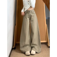 批发小个子美式复古水洗高腰阔腿<b class='q'>牛仔裤</b>女2026秋季宽松直筒垂感慵懒裤