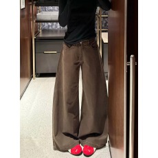 批发美拉德小个子美式咖色高腰阔腿<b class='q'>牛仔裤</b>女设计感宽松显瘦慵懒拖地裤