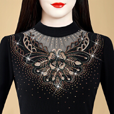 批发2025秋季新款圆领长袖烫钻加绒妈妈显瘦洋气百搭减龄网纱打底衫