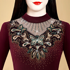 批发2025秋季新款圆领长袖烫钻时尚洋气特色蕾丝半高领气质显瘦打底衫