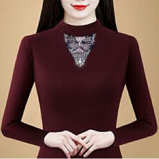 批发德绒秋冬新款圆领长袖烫钻时尚洋气特色蕾丝半高领气质显瘦打底衫