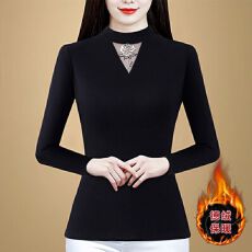 批发德绒上衣秋冬新款圆领长袖烫钻时尚洋气特色蕾丝半高领显瘦打底衫