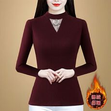 批发德绒上衣秋冬新款圆领<b class='q'>长袖</b>烫钻时尚洋气特色蕾丝半高领显瘦打底衫