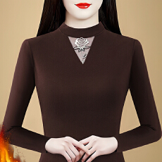 批发德绒上衣秋冬新款圆领长袖烫钻时尚洋气特色蕾丝半高领显瘦打底衫