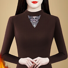 批发德绒秋冬新款圆领长袖烫钻时尚洋气特色蕾丝半高领气质显瘦打底衫