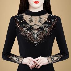 批发2025秋冬时尚修身蕾丝网纱打底衫女洋气保暖内搭半高领上衣