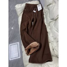 批发美式咖啡棕色加绒牛仔裤女2026春季高腰显瘦垂感直筒拖地阔腿裤子