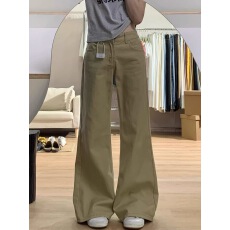 批发美式卡其色低腰微喇牛仔裤女小个子新款不贴腿宽松显瘦垂感阔腿裤