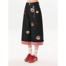 批发美式刺绣小狗<b class='q'>卷</b><b class='q'>边</b>格子<b class='q'>牛仔</b><b class='q'>短裤</b>女夏季新款休闲阔腿七分裤