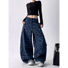 批发美式豹纹<b class='q'>休闲裤</b>女2025秋季新款百搭直筒宽松显瘦阔腿牛仔裤潮