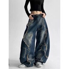 批发美式水洗刺绣弯刀<b class='q'>牛仔裤</b>子2025秋季新款街头hiphop痞帅<b class='q'>女生</b>阔腿裤