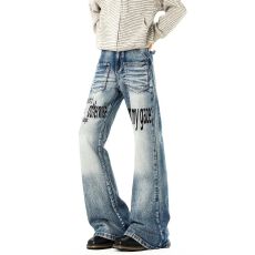 批发小众标语水洗做旧微喇<b class='q'>牛仔裤</b>女<b class='q'>男</b>秋季潮牌高街猫须铆钉显瘦直筒裤