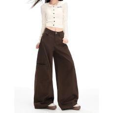 批发棕咖色辣妹工装阔腿牛仔裤女<b class='q'>新款</b>高腰显瘦休闲加绒宽松直筒工装裤