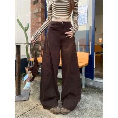 批发美式咖色口袋阔腿工装牛仔裤女秋季2025<b class='q'>新款</b>高腰直筒百搭拖地长裤