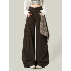 批发美式格子拼接高腰多口袋工装牛仔裤女2025秋季<b class='q'>新款</b>宽松显瘦阔腿裤