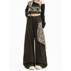 批发甜酷辣妹工<b class='q'>装裤</b>复古咖色高腰牛仔裤<b class='q'>女</b>秋季宽松百搭阔腿裤拖地<b class='q'>长裤</b>