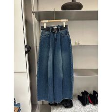 批发宽松阔腿复古牛仔裤女2025秋季<b class='q'>新款</b>蓝色弯刀裤带腰带老爹裤