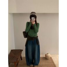 批发宽松阔腿复古牛仔裤女2025秋季<b class='q'>新款</b>蓝色弯刀裤带腰带老爹裤