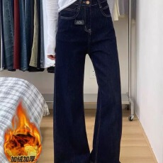 批发加绒加厚丹宁深蓝阔腿牛仔裤女2025<b class='q'>新款</b>秋冬高腰小个子微喇裤