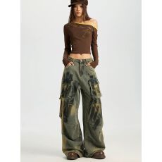 批发美式复古蓝阔腿工装牛仔裤女2025年秋季<b class='q'>新款</b>宽松直筒裤子垂感长裤