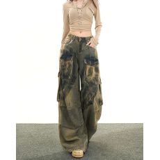 批发复古涂鸦工<b class='q'>装</b>阔腿牛仔裤<b class='q'>女</b>秋季宽松做旧拖地直筒裤子<b class='q'>女</b>