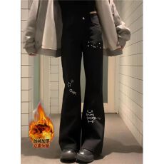 批发加绒加厚美式水洗印花微喇叭<b class='q'>牛仔裤</b>女辣妹不贴腿显瘦坠感长裤子潮