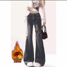 批发加绒加厚美式复古绑带蝴蝶结微喇<b class='q'>牛仔裤</b>秋冬辣妹高腰显瘦喇叭裤女