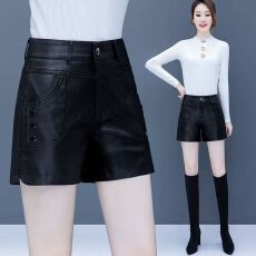 批发皮<b class='q'>短裤</b><b class='q'>女</b>秋冬2025新款高腰宽松百搭显瘦a字直筒短pu皮裤外穿靴裤