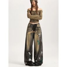 批发美式复古做旧阔腿牛仔裤女秋2025年秋季新款宽松直筒<b class='q'>裤子</b>垂感<b class='q'>裤子</b>