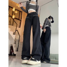 批发美式复古黑色牛仔裤女秋季宽松显瘦直筒工装长裤小众设计阔腿<b class='q'>裤子</b>