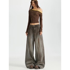 批发美式复古废土风阔腿牛仔裤女2025秋季新款做旧扎染水洗长<b class='q'>裤子</b>女秋