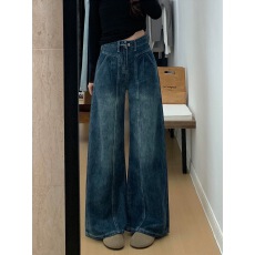 批发美式复古高腰阔腿牛仔裤女2025秋季新款显瘦宽松垂感直筒<b class='q'>裤子</b>