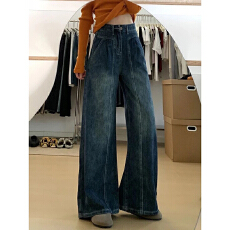 批发美式复古高腰阔腿牛仔裤女2025秋季新款显瘦宽松垂感直筒<b class='q'>裤子</b>