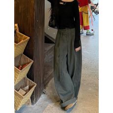 小个子美式复古灰色工装牛仔裤女高腰宽松显瘦百搭休闲阔腿拖地裤